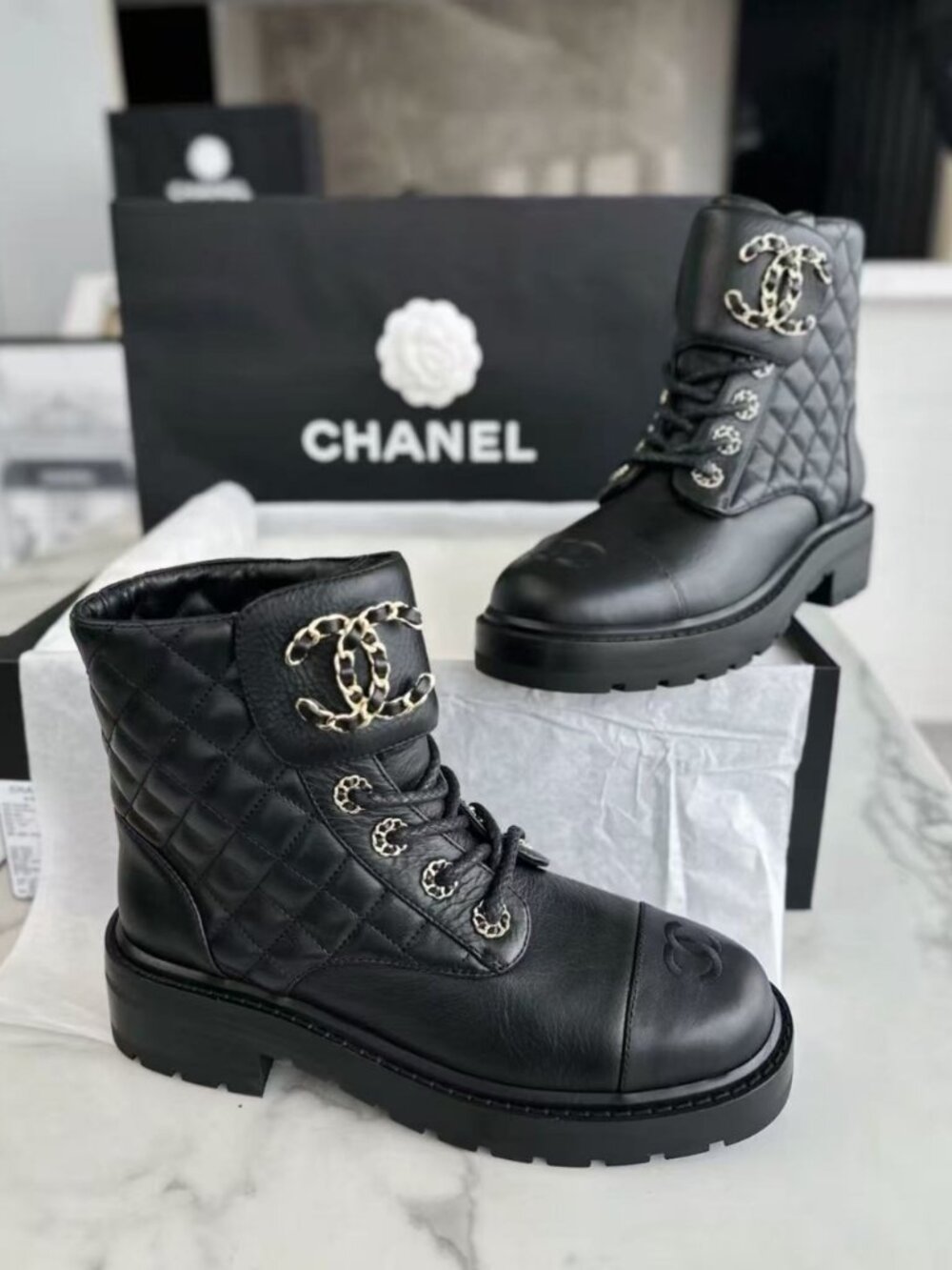 Chanel Quilted CC Lace Up Combat Boots